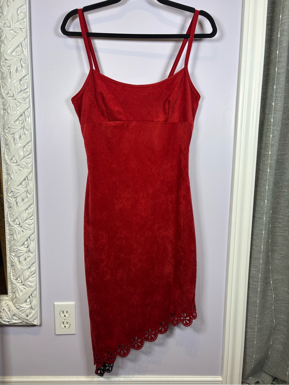 a. aubrey Red Velvet Like Asymmetrical Y2K Bodycon Slip Mini Floral Hem Dress M
